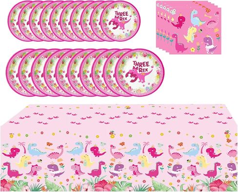 ثلاثة ديكورات حفلات عيد ميلاد ريكس مستوحاة من اللون الوردي، ثلاثة ديكورات حفلات دينو ريكس للفتيات تتضمن 10 قطع أطباق مقاس 9 بوصات، 10 قطع أطباق مقاس 7 بوصات، 10 قطع مناديل، قطعة واحدة من مفرش المائدة in Kuwait