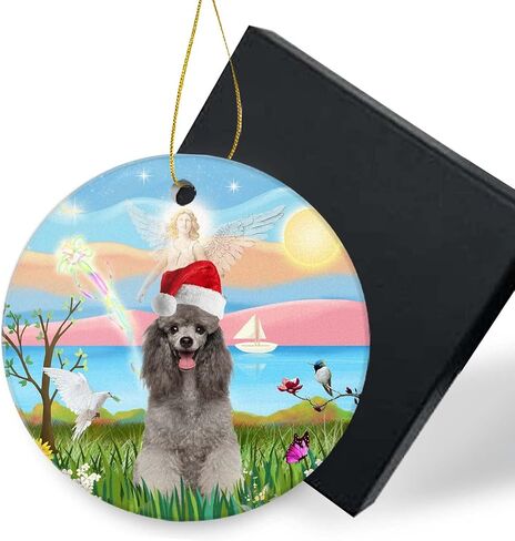 زخرفة عيد الميلاد المضحكة 2023-Angel Loving a Silver Poodle مع عيد الميلاد سانتا قبعة عطلة هدية مستديرة شجرة عيد الميلاد زخرفة ديكور 3 بوصة مع صندوق هدية in Kuwait
