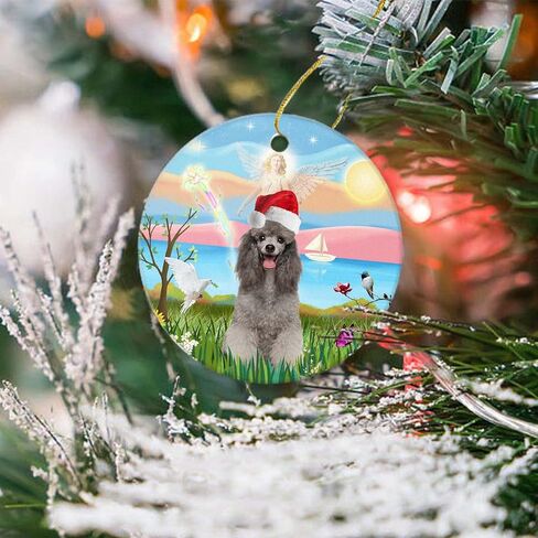 زخرفة عيد الميلاد المضحكة 2023-Angel Loving a Silver Poodle مع عيد الميلاد سانتا قبعة عطلة هدية مستديرة شجرة عيد الميلاد زخرفة ديكور 3 بوصة مع صندوق هدية in Kuwait