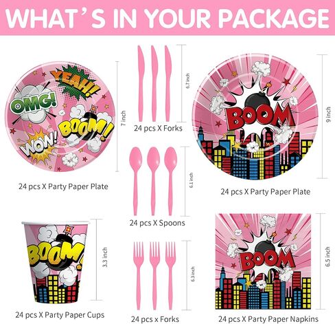 ديكورات حفلات الأبطال الخارقين أدوات مائدة للفتيات - لوازم حفلات أعياد ميلاد البطل الخارق باللون الوردي، طبق ورقي، كوب، منديل، أدوات مائدة للاستعمال مرة واحدة، ديكورات عيد الميلاد الثالث للأبطال الخارقين | 24 ضيفا in Kuwait