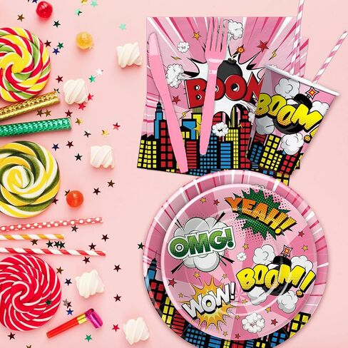 ديكورات حفلات الأبطال الخارقين أدوات مائدة للفتيات - لوازم حفلات أعياد ميلاد البطل الخارق باللون الوردي، طبق ورقي، كوب، منديل، أدوات مائدة للاستعمال مرة واحدة، ديكورات عيد الميلاد الثالث للأبطال الخارقين | 24 ضيفا in Kuwait