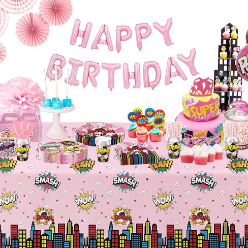 ديكورات حفلات الأبطال الخارقين أدوات مائدة للفتيات - لوازم حفلات أعياد ميلاد البطل الخارق باللون الوردي، طبق ورقي، كوب، منديل، أدوات مائدة للاستعمال مرة واحدة، ديكورات عيد الميلاد الثالث للأبطال الخارقين | 24 ضيفا in Kuwait