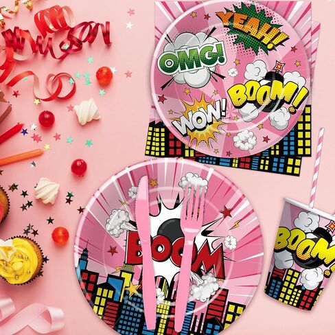 ديكورات حفلات الأبطال الخارقين أدوات مائدة للفتيات - لوازم حفلات أعياد ميلاد البطل الخارق باللون الوردي، طبق ورقي، كوب، منديل، أدوات مائدة للاستعمال مرة واحدة، ديكورات عيد الميلاد الثالث للأبطال الخارقين | 24 ضيفا in Kuwait
