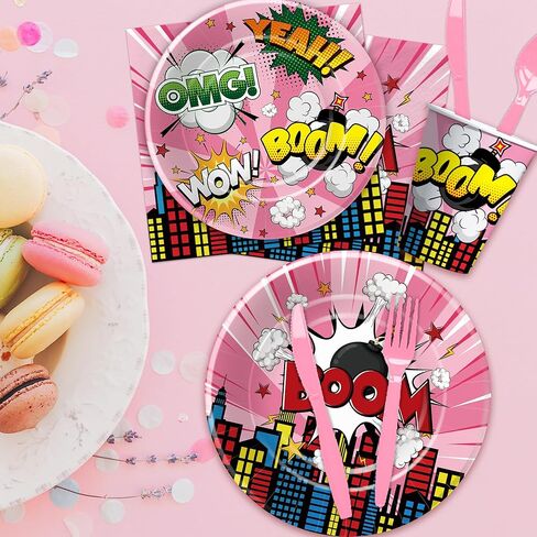 ديكورات حفلات الأبطال الخارقين أدوات مائدة للفتيات - لوازم حفلات أعياد ميلاد البطل الخارق باللون الوردي، طبق ورقي، كوب، منديل، أدوات مائدة للاستعمال مرة واحدة، ديكورات عيد الميلاد الثالث للأبطال الخارقين | 24 ضيفا in Kuwait