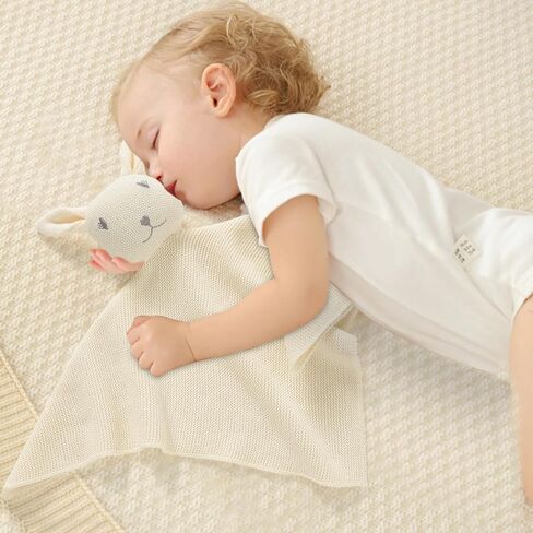 بطانية أمان للأطفال من mimixiong Baby Lovey مصنوعة من القطن المحبوك ناعمة ولطيفة على شكل أرنب آمنة للأولاد والبنات (بيج، 14 × 14 بوصة) in Kuwait