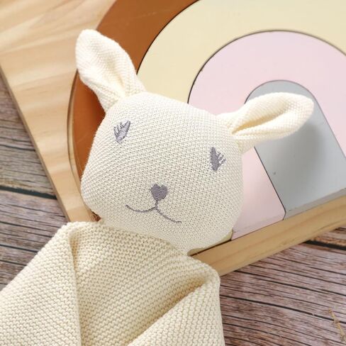 بطانية أمان للأطفال من mimixiong Baby Lovey مصنوعة من القطن المحبوك ناعمة ولطيفة على شكل أرنب آمنة للأولاد والبنات (بيج، 14 × 14 بوصة) in Kuwait
