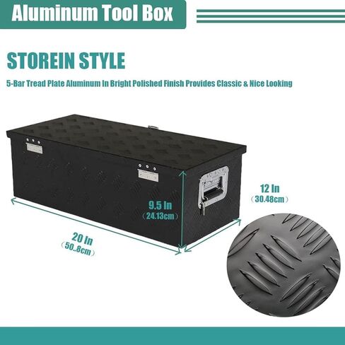 صندوق سفلي لأداة مداس من الألومنيوم شديد التحمل مقاس 20 بوصة، صندوق منظم تخزين الشاحنة المربع المقاوم للماء لالتقاط سرير الشاحنة ومقطورة RV مع قفل مقبض T ومفاتيح (أسود) in Kuwait