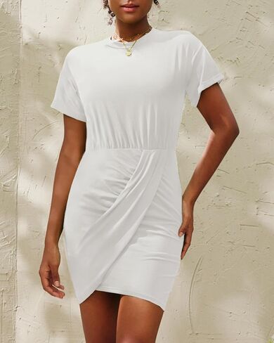MIHOLL Dresses for Women 2024 Summer Wrap Short Sleeve Mini Ruched Bodycon T Shirt Dress for Casual Sexy in Saudi Arabia