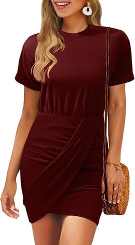 MIHOLL Dresses for Women 2024 Summer Wrap Short Sleeve Mini Ruched Bodycon T Shirt Dress for Casual Sexy in Saudi Arabia