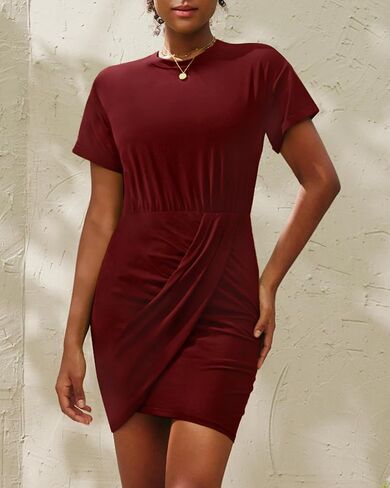 MIHOLL Dresses for Women 2024 Summer Wrap Short Sleeve Mini Ruched Bodycon T Shirt Dress for Casual Sexy in Saudi Arabia