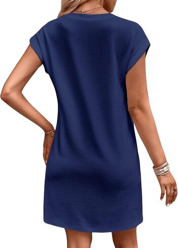 فستان نسائي من COZYEASE بياقة دائرية وأكمام قصيرة، فستان صيفي بأكمام قصيرة وقصة مستقيمة أساسية in Kuwait