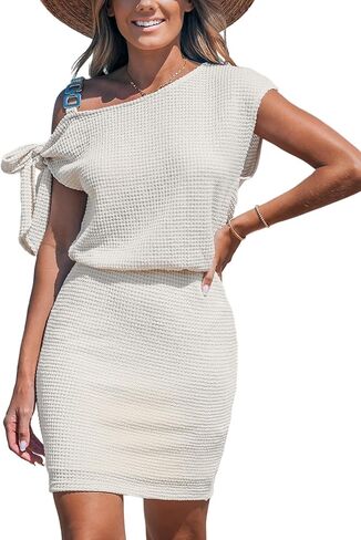 CUPSHE Women's Waffle Knit Beach Dress Cutout Hardware Off Shoulder with Knot Short Sleeve Mini Summer Dresses in Saudi Arabia
