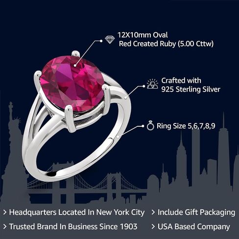 Gem Stone King 925 Sterling Silver Red Created Ruby Ring For Women (5.00 Cttw, Gemstone July Birthstone, Oval 12X10MM, Available In Size 5,6,7,8,9) in Saudi Arabia