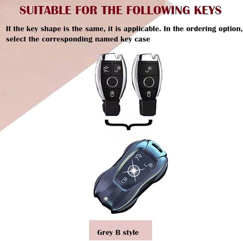 غطاء Key Fob متوافق مع Mercedes Benz AMG GT C E S M R CLA CLS GLA GLC GLE GLK GLS SLC SLK SL GL CL فئة للغطاء المعدني للمفتاح الذكي بدون حلقة سلسلة مفاتيح (نمط B رمادي) in Kuwait