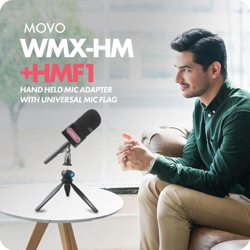 محول ميكروفون Movo WMX-HM اللاسلكي للمقابلات مع علم ميكروفون - متوافق مع ميكروفون DJI وRode Wireless GO وHollyland Lark والمزيد - رائع للمقابلات والمراسلين وإنشاء المحتوى in Saudi Arabia