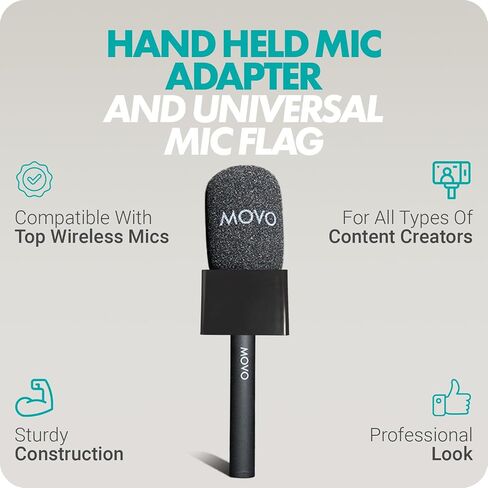 محول ميكروفون Movo WMX-HM اللاسلكي للمقابلات مع علم ميكروفون - متوافق مع ميكروفون DJI وRode Wireless GO وHollyland Lark والمزيد - رائع للمقابلات والمراسلين وإنشاء المحتوى in Saudi Arabia