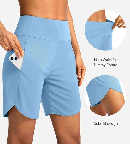 Soothfeel Women's 7" Athletic Running Long Shorts with Pockets High Waisted Bermuda Shorts for Women Workout Walking Casual in Kuwait