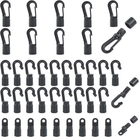 40 Pcs Bungee Shock Cord Hook Set 3 Type Black Plastic Bungee Cord Hooks, S Open Cord Hooks, Bendy and Straight Hook Bungee Terminal Ends for 1/4 inch (6MM) Bungee Kayaks in Saudi Arabia