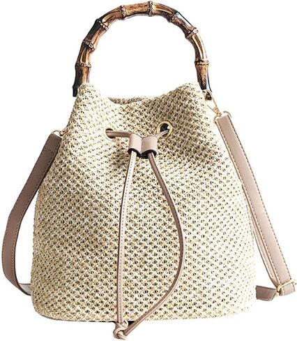 ZLM BAG US Straw Drawstring Bucket Bag Summer Crochet Tote Purse Pu Leather Strap Crossbody Shoulder Bag in Saudi Arabia