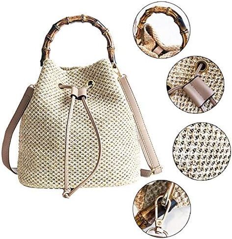 ZLM BAG US Straw Drawstring Bucket Bag Summer Crochet Tote Purse Pu Leather Strap Crossbody Shoulder Bag in Saudi Arabia