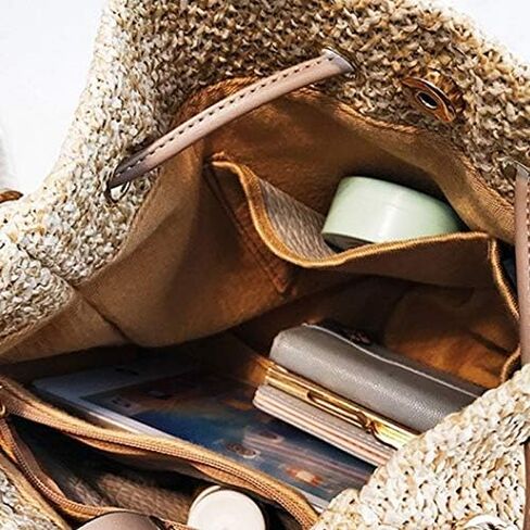 ZLM BAG US Straw Drawstring Bucket Bag Summer Crochet Tote Purse Pu Leather Strap Crossbody Shoulder Bag in Saudi Arabia