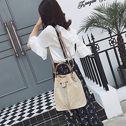 ZLM BAG US Straw Drawstring Bucket Bag Summer Crochet Tote Purse Pu Leather Strap Crossbody Shoulder Bag in Saudi Arabia