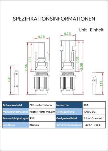 موصلات كابلات الألواح الشمسية ذكر / أنثى IP67 30A 1000V DC (5 أزواج) in Kuwait