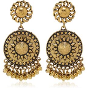 Traditional Indian Dangle Earrings for Women Girls Vintage Sun Filigree Round Bells Tassel Circle Layered Dangling Studs Earring Fashion Bollywood Wedding Bridal Christmas Jewelry Gifts