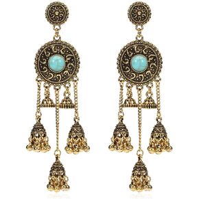 Vintage Turquoise Jhumka Jhumki Earrings Bohemian Ethnic Long Tassel Dangling Ball Beaded Drop Earring Boho Bell Traditional Bollywood Tribal Egypt Gypsy Indian Oxidized Jewelry Gift for Women Girls