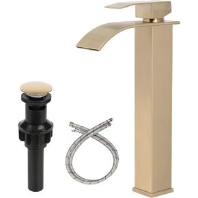 Bathroom Faucets Waterfall Vessel Bathroom Sink Faucets for Sink 1 Hole Brushed Gold Tall Vanity Faucet with Drain Combo Deck Mount Washroom RV Bar Sink Faucet