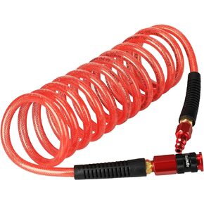 Heavy Duty Reinforced Polyurethane Recoil Air Hose 1/4 in x 10 ft, Lightweight, Flexible Compressor Hose with Universal Quick Coupler, Plug and Bend Restrictors, Red