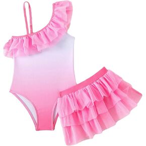 Girl's One Piece Skirted Bathing Suits One Shoulder Ruffle Bathing Suit Adjustable Swimwear