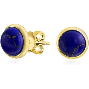 Traditional Classic 7x9 MM Gemstone Black Onyx Blue Turquoise Amber Bezel Set Dome Button Oval Stud Earrings For Women 14K Gold Plated .925 Sterling Silver