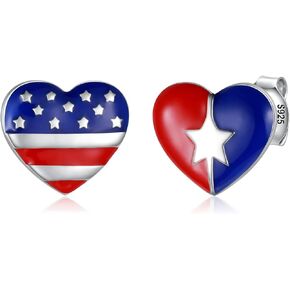 4th of July Red White Blue Flag Earrings Sterling Silver American Patriotic Stud Earring Independence Day Baseball Heart Jewelry Gifts for Women