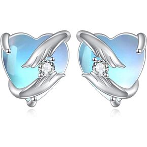 Moonstone Earrings Sterling Silver Angel Wings Stud Earrings Love Heart Post Studs Jewelry Gifts for Women Girls