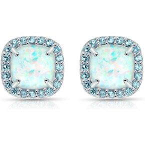 Sterling Silver Synthetic White Opal and Gemstone Cushion-cut Halo Stud Earrings