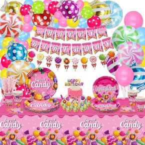 Candyland Party Decorations - Lollipop Theme Birthday Party Decorations Including Balloons, Banner, Plates, Tablecloths, Cups, Napkins, Tableware Sets for Candy Theme Party Supplies - Serve 20