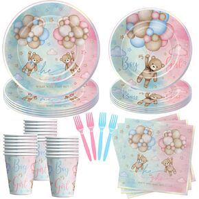 Teddy Bear Gender Reveal Decorations Party Tableware - Bear Boy Or Girl Gender Reveal Supplies, Paper Plate, Cup, Napkin, Disposable Fork, He Or She Gender Reveal Table Decorations | Serve 24