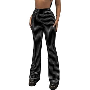 MakeMeChic Women's Casual Pants Striped Print Flare Leg Low Waist Long Pants