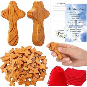 DoubleFill 80 Pcs Small Wooden Cross 2.36'' Pine Wood Clinging Cross Holding Hand Mini Pocket Cross with 80 Bible Prayer Cards and 80 Red Velvet Pouches Church Gifts in Bulk for Easter Jesus Religious