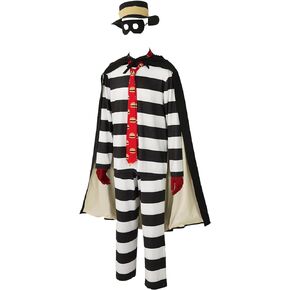 Men's Hamburger Thief Cartoon Halloween Cosplay Outfit Striped Burglar Adult Costume Brimmed Hat with Tie and Mask