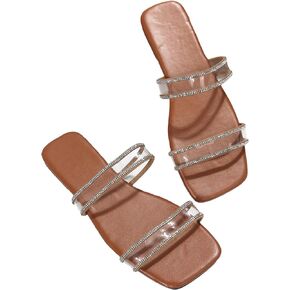 GORGLITTER Women's Rhinestone Clear Flat Sandals Two Strap Open Toe Slide Sandals