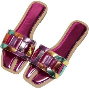 GORGLITTER Women's Metallic Colorful Flat Sandals Sparkly Color Block Cute Dressy Open Toe Slip on Slide Sandals