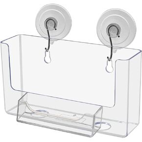 Postcard Holder with Suction Cup Hooks Window Mount Holds 6 Inch Wide Advertisements and 3.5" x 2" Business Cards Clear Acrylic Organizer for Tradeshows Expos and Conventions by Marketing Holders