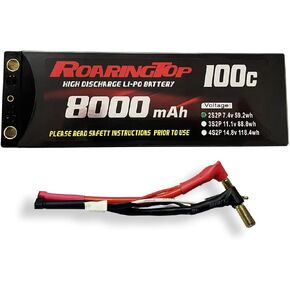 Roaring TOP 2S Lipo Battery 7.4V 8000mAh 100C RC Battery Hard Case Lipo Batteries Pack with 4mm Bullet Wire (Without Plug) for 1/8 1/10 RC Car Model Traxxas Slash Buggy Team Associated