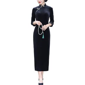 Chinese Traditional Velour Cheongsam Maxi Dress Elegant Women Long Sleeve Side Slit Slim Fit Qipao Party Dress