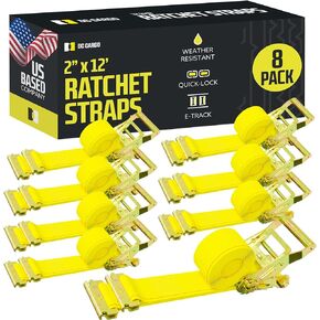 E Track Ratchet Straps Cargo Tie-Downs, (Pack of 8) 2 x 12 Heavy Duty Yellow Tie-Down Rachet Straps, Strong Ratchet Strap, E Track Spring Fittings, Tie Down Motorcycle