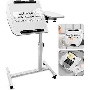 Portable Laptop Desk with Writing Glass Board, Over Bed Table Small Rolling Laptop Stand for Couch, Tilting Overbed Bedside Table with Wheels Adjustable Height, White