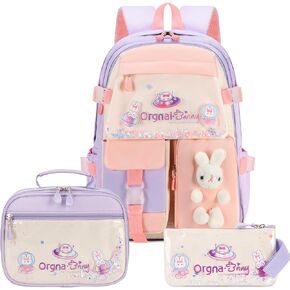 GeeWin School Backpack Set for Girls, Kawaii Bunny Kids Backpack for Girls Teens Kindergarten Elementary School Preschool Daycare Daypack, Student Bookbag with Matching Lunch Bag & Pencil Pouch (Blue)
