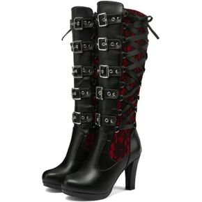 Women'S Lace Up Victorian Knee-High Boots,Classics Vintage Round Toe Kitten Heel Witch Boots Knight Combat Boots Buckle Riding Boots
